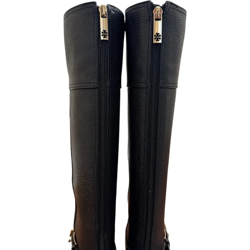 Tory Burch Jenna Black Pebbled Leather Knee High Boots Size 8.5